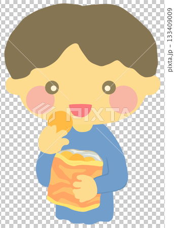 スナック菓子を食べる子どものイラスト ベクター素材 133409009