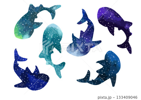 綺麗なグラデーションの水彩で描かれたジンベエザメのシームレスパターン 133409046