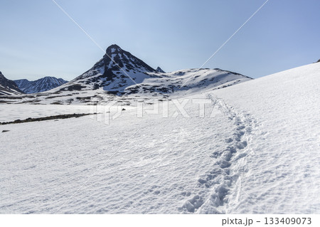 Snowy landscape in Leirvassbu, Jotunheimen National Park with tracks leading to mountain Kyrkja Snowy landscape in Leirvassbu, Jotunheimen National Park with tracks leading to mountain Kyrkja 133409073