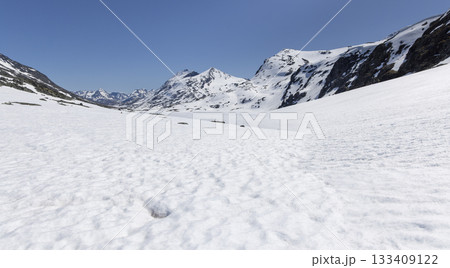 Stunning snowy landscape at Leirvassbu in Leirdalen, Jotunheimen National Park during a clear day Stunning snowy landscape at Leirvassbu in Leirdalen, Jotunheimen National Park during a clear day 133409122