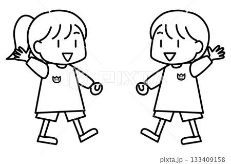 笑顔で手を振る子供たち（バイバイ）の線画イラスト 133409158