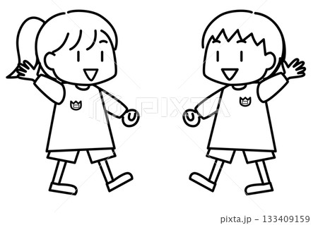 笑顔で手を振る子供たち（バイバイ）の線画イラスト 133409159