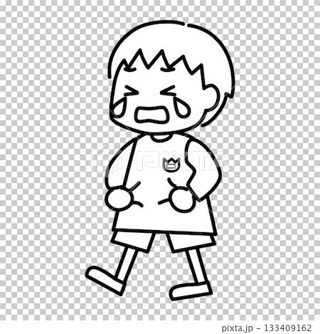 一幅男孩(短髮)邊走邊大聲哭泣的線條畫 一幅男孩(短髮)邊走邊大聲哭泣的線條畫 133409162