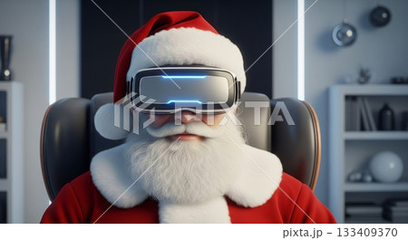 Santa Claus man in virtual reality headset sitting in a chair, portraying modern Christmas and futuristic holiday celebration concept for seasonal design. 133409370