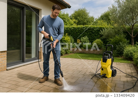 Caucasian man cleaning patio with pressure washer. Home maintenance and outdoor surface cleaning concept for homeowner. 133409420