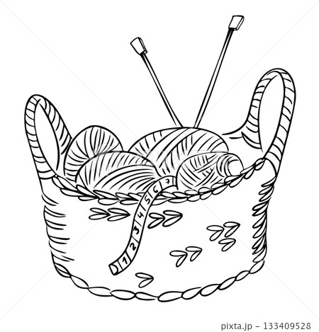 Knitting basket filled with yarn balls, needles and measuring tape in a hand-drawn outline style. The concept conveys creativity, craft, coziness and the calm process of handmade work 133409528