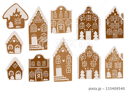 Gingerbread houses with icing decoration presented as a set of festive elements. Gingerbread houses with icing decoration presented as a set of festive elements. 133409540