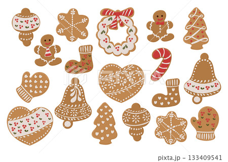 Gingerbread cookies in festive shapes decorated with icing and holiday details. The concept expresses christmas tradition, sweetness, celebration and cozy seasonal mood Gingerbread cookies in festive shapes decorated with icing and holiday details. The concept expresses christmas tradition, sweetness, celebration and cozy seasonal mood 133409541