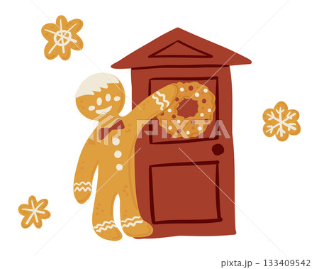Gingerbread man placing a festive wreath on a door with cookie snowflakes around. The concept conveys christmas warmth, hospitality, celebration and cheerful seasonal spirit 133409542