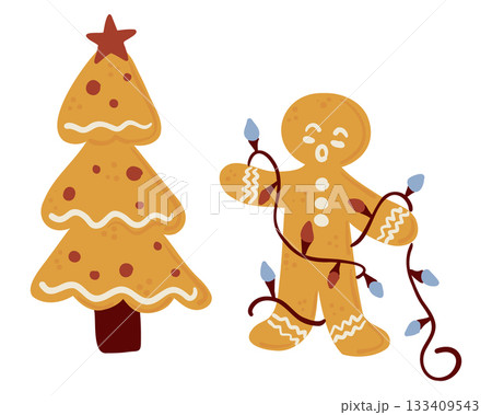 Gingerbread man tangled in christmas lights beside a decorated cookie tree. The concept highlights festive preparation, holiday fun, warmth and cheerful seasonal spirit 133409543