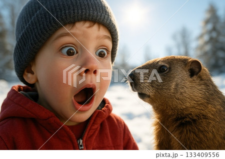 A surprised child stares wide-eyed at a groundhog in a snowy outdoor setting. Captures the magic of childhood wonder and unexpected animal encounters A surprised child stares wide-eyed at a groundhog in a snowy outdoor setting. Captures the magic of childhood wonder and unexpected animal encounters 133409556