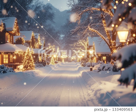 雪が降る夜に輝くイルミネーションの冬の街並み 133409563