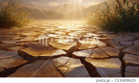 Cracked, sun-baked earth leads to a sunlit horizon with radiating light rays in a barren landscape, flanked by dry, wild bushes Cracked, sun-baked earth leads to a sunlit horizon with radiating light rays in a barren landscape, flanked by dry, wild bushes 133409620