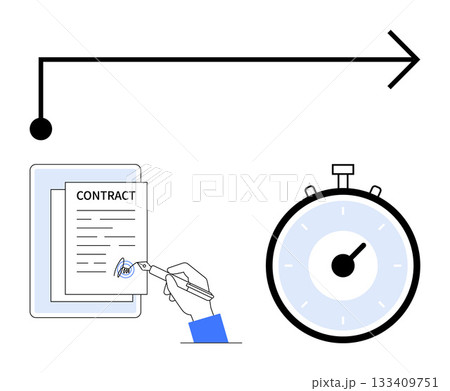 Arrow hand signing a contract stopwatch. Ideal for legal agreements, productivity, time management, business processes, workflow, deadlines, efficiency. Line metaphor 133409751