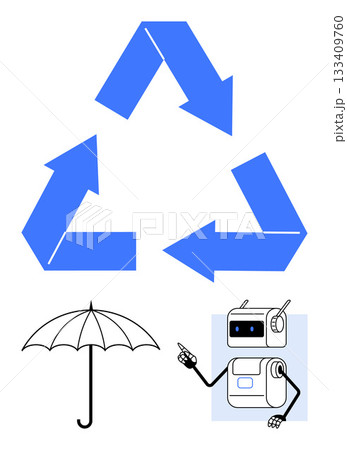 Recycle symbol umbrella, and robot with headset. Ideal for sustainability, recycling, technology, weather protection, robotics, innovation, environmental consciousness Line metaphor Recycle symbol umbrella, and robot with headset. Ideal for sustainability, recycling, technology, weather protection, robotics, innovation, environmental consciousness Line metaphor 133409760