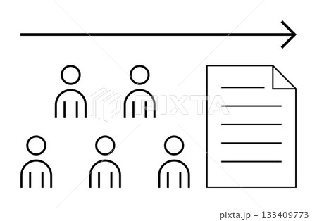 Five simple human figures arranged in two rows, an arrow pointing towards a document with lines of text. Ideal for teamwork, progression, organization, growth, collaboration, planning, documentation 133409773