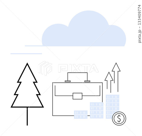 Business briefcase, growing coin stacks with arrows, tree, and cloud symbolizing economic growth, financial success, and environmental sustainability. Ideal for finance, investment, business 133409774