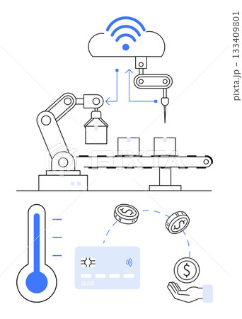 Robotic arm operating on conveyor belt, IoT cloud connection, temperature gauge, and currency symbols. Ideal for industry, automation, IoT, efficiency, technology manufacturing and smart factories 133409801