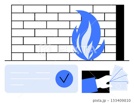 Brick wall with blue flame represents firewall protection, hand holding cash near payment checkmark highlights secure transactions. Ideal for cybersecurity, online payments, firewalls, security 133409810