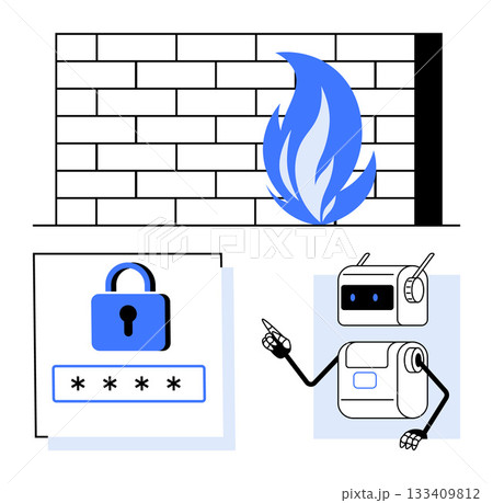 Firewall with flames, password lock with asterisks, and a robot illustrating cybersecurity. Ideal for digital security, online protection, hacking prevention, data safety, AI in security, IT Firewall with flames, password lock with asterisks, and a robot illustrating cybersecurity. Ideal for digital security, online protection, hacking prevention, data safety, AI in security, IT 133409812