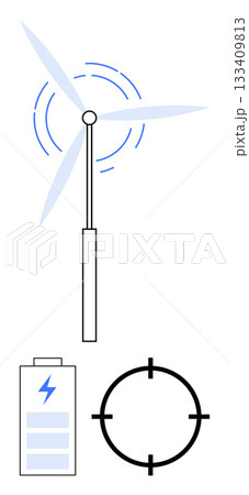 Wind turbine generating power, charging battery with blue lightning bolt, black target icon. Ideal for sustainability, clean energy, renewable resources, technology, environment, efficiency Wind turbine generating power, charging battery with blue lightning bolt, black target icon. Ideal for sustainability, clean energy, renewable resources, technology, environment, efficiency 133409813