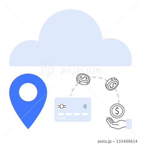 Cloud icon, location marker, credit card, hand holding coin, and floating coins. Ideal for online banking, e-commerce, financial tech, mobile payments digital wallets location services and secure Cloud icon, location marker, credit card, hand holding coin, and floating coins. Ideal for online banking, e-commerce, financial tech, mobile payments digital wallets location services and secure 133409814