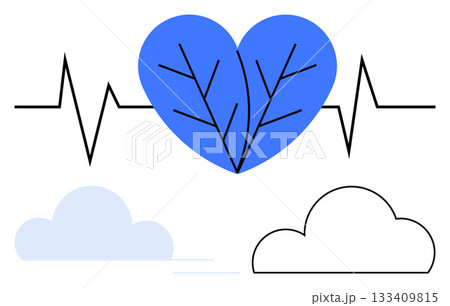 Blue heart with leaf vein pattern intersected by ECG line, placed above minimalist clouds. Ideal for health, wellness, environmental, medical, cardiovascular, nature-themed, eco-friendly projects Blue heart with leaf vein pattern intersected by ECG line, placed above minimalist clouds. Ideal for health, wellness, environmental, medical, cardiovascular, nature-themed, eco-friendly projects 133409815