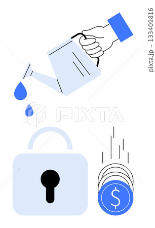 Hand pours water droplets, padlock symbolizes security, coins suggest financial growth and management. Ideal for business growth, financial security, investment, savings, wealth management 133409816