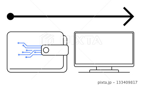 Wallet with circuits next to a computer monitor and right-pointing arrow. Ideal for fintech, digital payments, online security, virtual currency, e-commerce, data exchange, technology communication Wallet with circuits next to a computer monitor and right-pointing arrow. Ideal for fintech, digital payments, online security, virtual currency, e-commerce, data exchange, technology communication 133409817