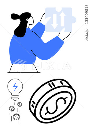 Woman holding puzzle piece with arrows, light bulb with currency symbols, and spinning coin. Ideal for strategic planning, financial management, problem-solving, innovation, business strategy Woman holding puzzle piece with arrows, light bulb with currency symbols, and spinning coin. Ideal for strategic planning, financial management, problem-solving, innovation, business strategy 133409818
