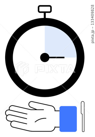 Countdown timer, hand with blue sleeve showing time, minutes passing. Ideal for punctuality, deadlines, efficiency, productivity, time management planning scheduling. Line metaphor 133409828