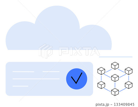 Cloud icon, document with checkmark, and blockchain network. Ideal for cloud computing, data security, blockchain technology, digital storage, information management, network systems authentication Cloud icon, document with checkmark, and blockchain network. Ideal for cloud computing, data security, blockchain technology, digital storage, information management, network systems authentication 133409845