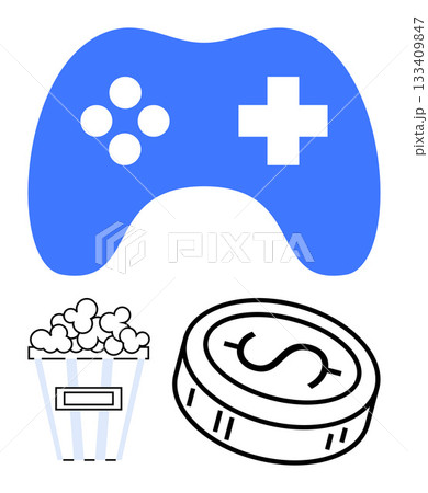 Blue game controller, popcorn bucket, and coin with dollar sign. Ideal for gaming, entertainment, finance, investment, leisure activities game development and digital media. Line metaphor 133409847