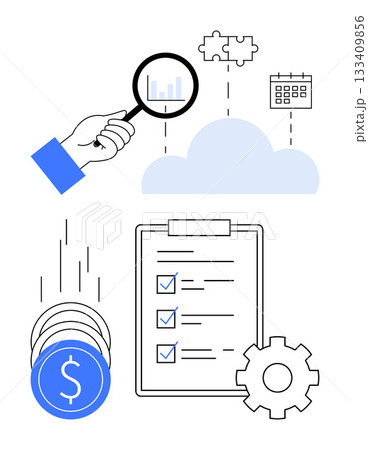 Hand holding magnifying glass over cloud to view chart, connecting puzzle pieces and calendar, falling coins, checklist, gear icon. Ideal for business strategy, project management, financial 133409856