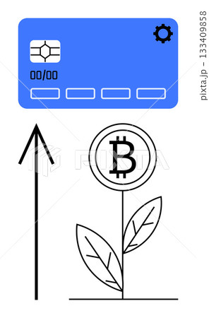 Blue digital payment card, upward black arrow, and Bitcoin growth plant with leaves. Ideal for finance, cryptocurrency, technology, growth, investment innovation digital payments themes. Line Blue digital payment card, upward black arrow, and Bitcoin growth plant with leaves. Ideal for finance, cryptocurrency, technology, growth, investment innovation digital payments themes. Line 133409858