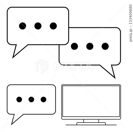 Speech bubbles with ellipses and a computer monitor. Ideal for digital communication, social media, online chat, virtual meetings, messaging apps, tech support, customer service. Line metaphor 133409880
