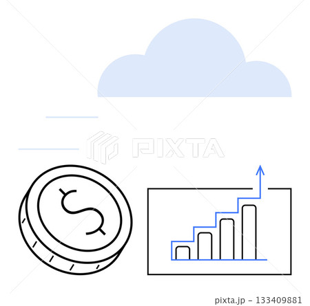 Dollar coin rolling towards an upward-trending bar graph under a cloud. Ideal for finance, technology, cloud computing, investment, business growth, economic trends, forecasts. Line metaphor Dollar coin rolling towards an upward-trending bar graph under a cloud. Ideal for finance, technology, cloud computing, investment, business growth, economic trends, forecasts. Line metaphor 133409881
