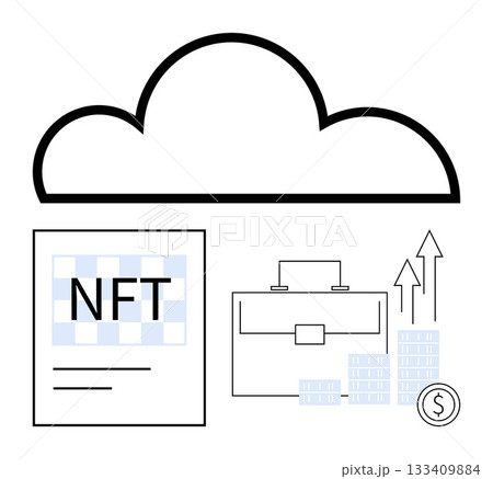 Cloud outline above NFT document, briefcase, coin, and charts with rising arrows and bar graphs. Ideal for technology, cryptocurrency, finance, data management, blockchain digital assets business 133409884