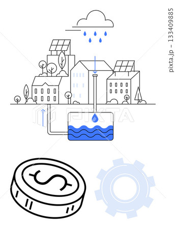 Solar-paneled houses in a residential area with a water harvesting system. Rainwater collection, storage tank, dollar coin, and gear symbolize sustainability, economy, and efficiency. Ideal Solar-paneled houses in a residential area with a water harvesting system. Rainwater collection, storage tank, dollar coin, and gear symbolize sustainability, economy, and efficiency. Ideal 133409885