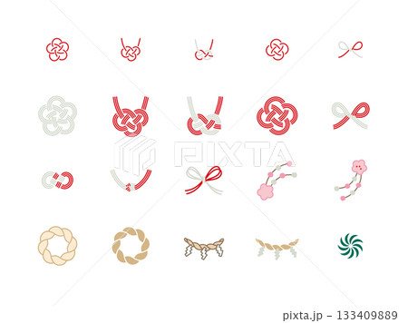 シンプル可愛い水引やしめ縄などのアイコンセット 133409889