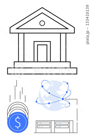 Bank building, coins, globe with connected dots, data storage units. Ideal for fintech, banking, global finance, data management digital economy financial services technology integration. Line 133410139