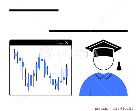 Graduation-cap-wearing student icon beside candlestick chart indicating stock market analysis, suggesting educations role in financial literacy and investment knowledge. Ideal for financial Graduation-cap-wearing student icon beside candlestick chart indicating stock market analysis, suggesting educations role in financial literacy and investment knowledge. Ideal for financial 133410153