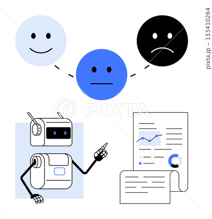 Robot analyzing feedback with diverse emotions and a report. Ideal for customer satisfaction, AI, tech trends, data analysis, automation, UX design, market research. Line metaphor Robot analyzing feedback with diverse emotions and a report. Ideal for customer satisfaction, AI, tech trends, data analysis, automation, UX design, market research. Line metaphor 133410264