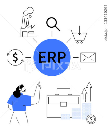 Female figure pointing at ERP surrounded by icons of factory, magnifying glass, shopping cart, email, money, suitcase, and bar chart. Ideal for business management, software solutions manufacturing Female figure pointing at ERP surrounded by icons of factory, magnifying glass, shopping cart, email, money, suitcase, and bar chart. Ideal for business management, software solutions manufacturing 133410265