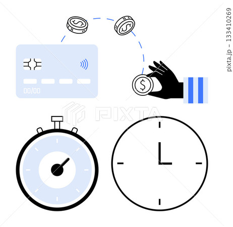 Hand holding coin credit card coins in motion, stopwatch, and clock. Ideal for finance, time management, payment processing, financial transactions, digital banking, efficient money transfer 133410269