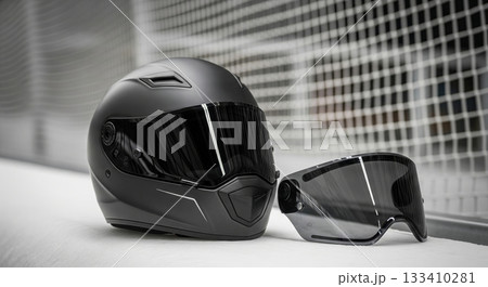 Advanced motorcycle helmet with attached visor for enhanced safety and style in urban environments. concept of protection, modern accessories, motorcycling gear 133410281