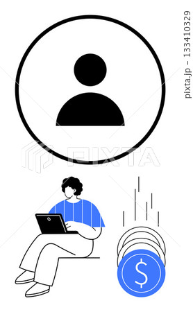 Person sitting with laptop, large user icon above head, stacked coins falling depicting financial gains. Ideal for technology, finance, investment, personal identity, digital transactions, online 133410329