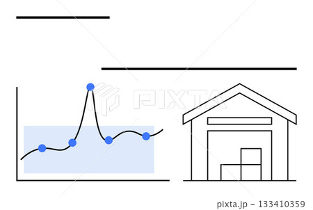 Graph and warehouse icons with data points. Ideal for analytics, inventory, storage, growth, efficiency, supply chain management, forecasting. Line metaphor 133410359