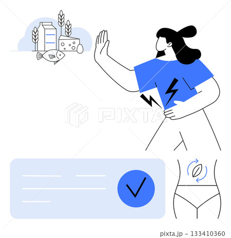 Woman with abdominal pain pushing away dairy products illustration. Ideal for healthcare, nutrition, dairy intolerance, dietary restrictions, health education, lactose intolerance awareness, medical 133410360