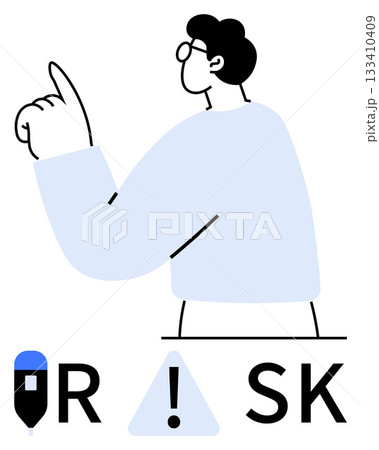 Man with glasses pointing upward. The text RISK appears with an exclamation mark inside a triangle. Ideal for business presentations, risk management, decision-making guides, leadership training 133410409